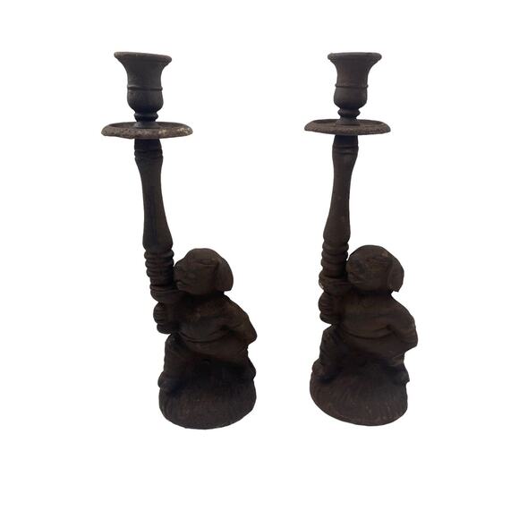 Vintage Cast Metal Iron Dogs Candlestick Candle Holder Set of 2 Dog Decor 12" - Picture 8 of 11